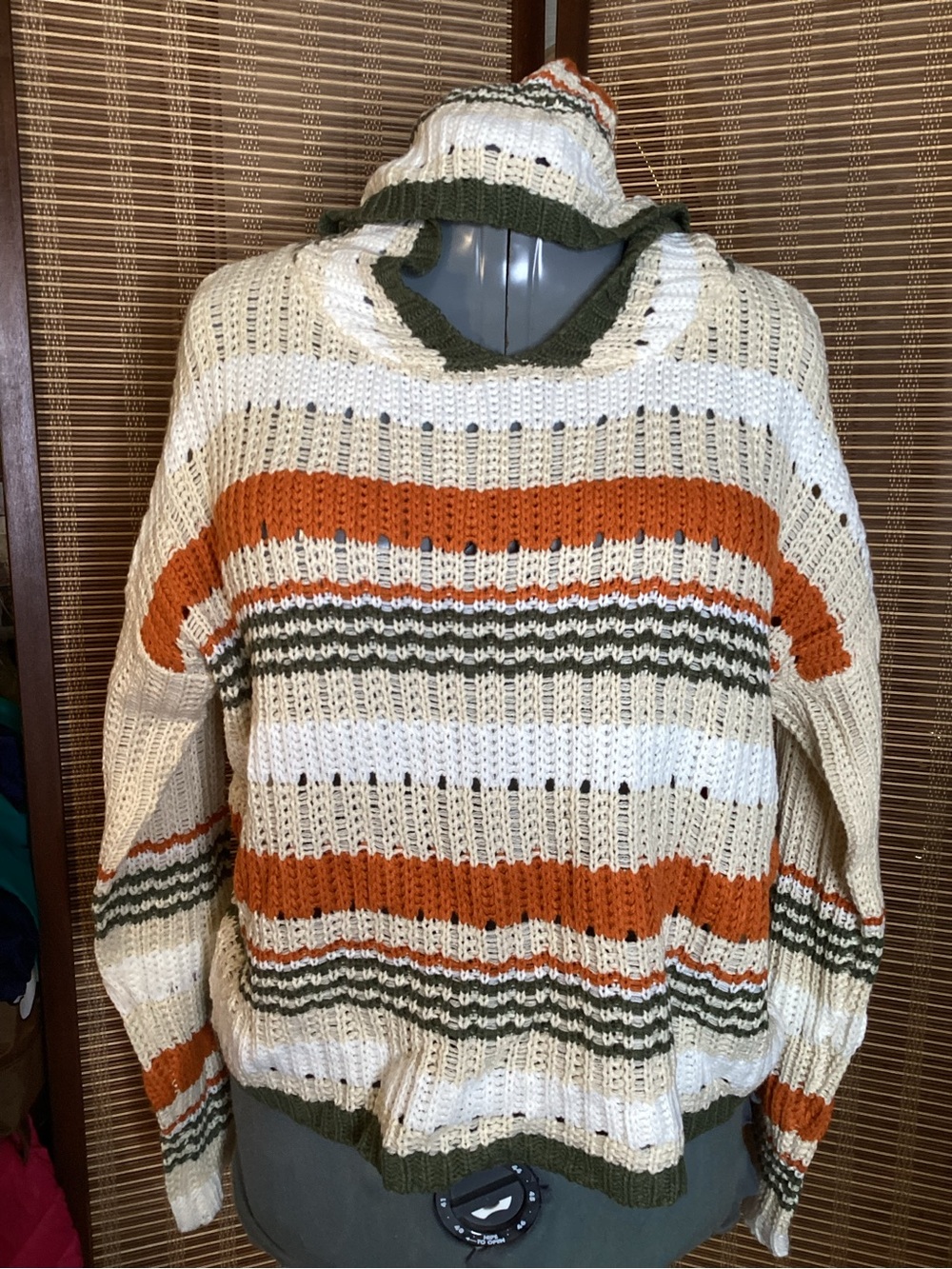 FAVLUX Striped Open Knit Hooded Sweater Pullover Size S